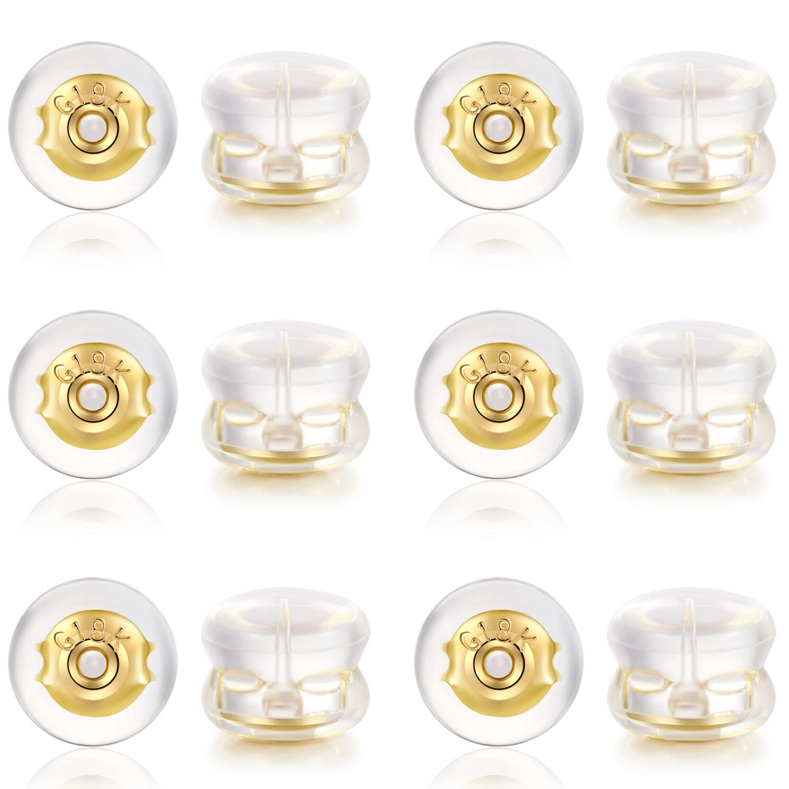 12PCS 18K Gold Earring Backs for Studs, Silicone Earring Backs Replacements for Studs Earrings, Non-Irritating Hypoallergenic Earring Backers for Droopy Ears (Gold)