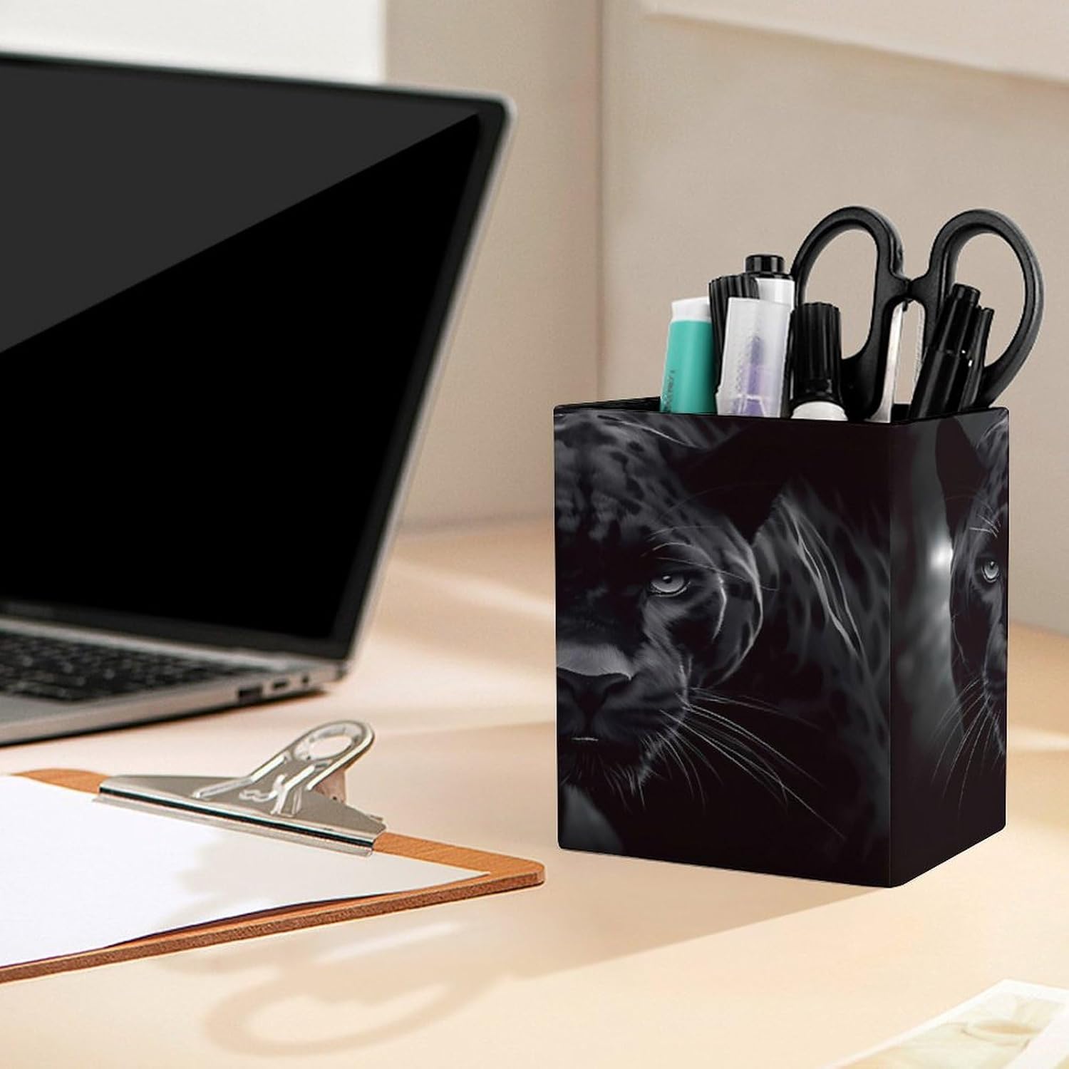 PU Leather Pen Holder Cool Panther Desk Organizer Storage Cup image 5