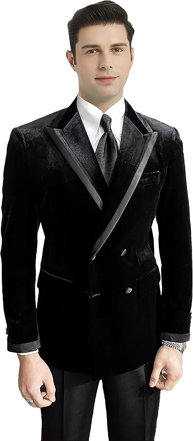 Mens Black Blazer - Men's Velvet Double Breasted Wedding & Prom Tuxedo Jacket in Black