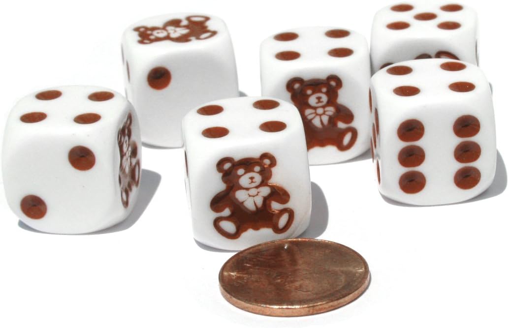 Set of 6 Teddy Bear 16mm D6 Round Edged Koplow Dice - White with Brown Pips