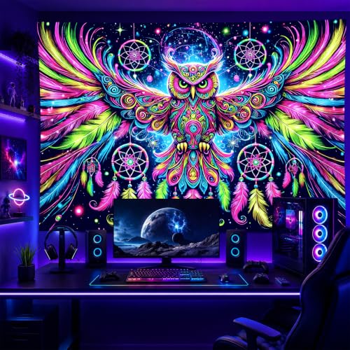 Image of BlissYard Owl Tapestry Blacklight Tapestry 79x59 Inch Trippy Wall Hanging | Trippy Decration with Uv Reactive Colors for Bedroom Dorm and Party Walls