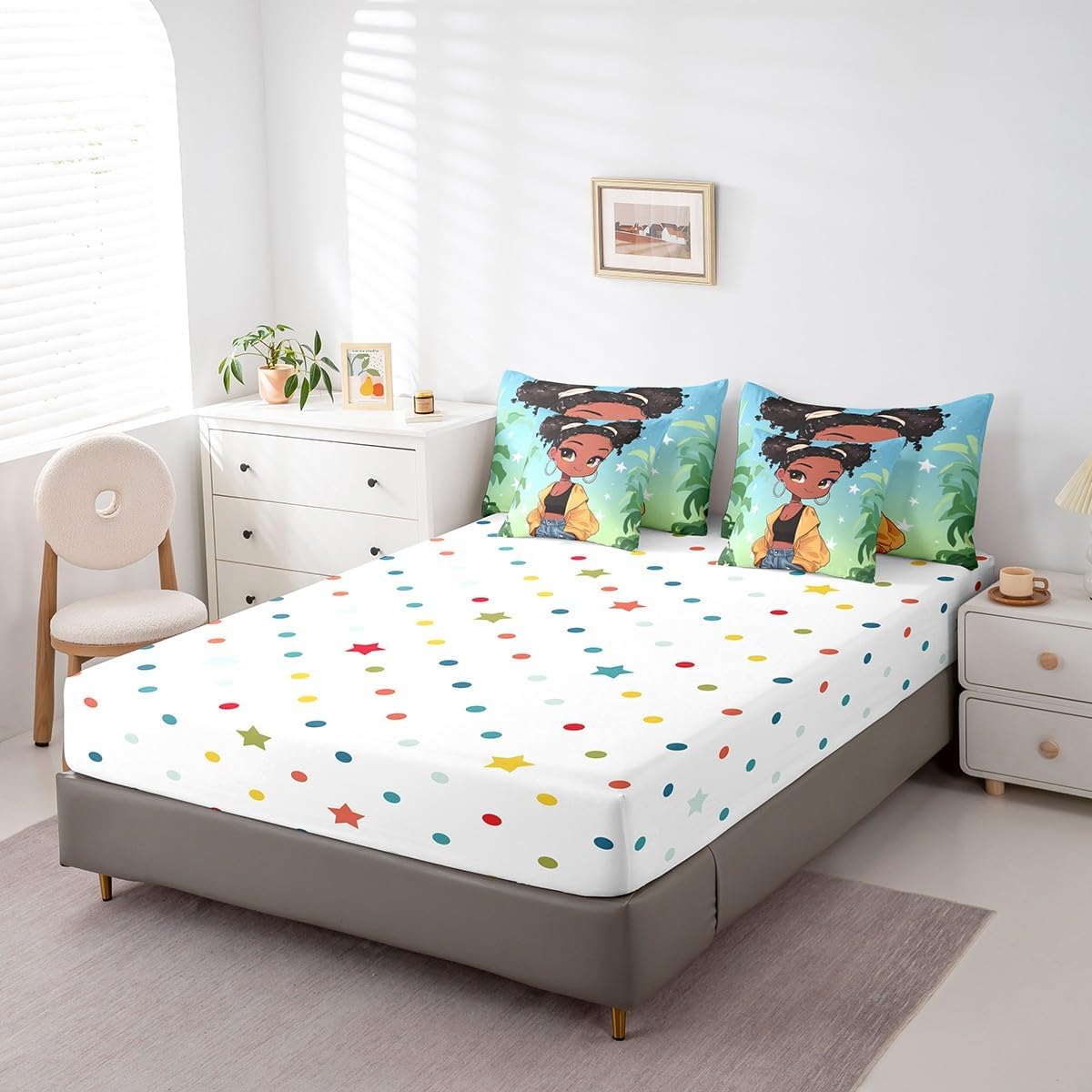 Black Girls Bed in a Bag Twin for Kids Teens 7 Piece,Girls Bedding Sets for Black Melanin,Black Girls Magic Comforter Set with Sheets,Afro Black Kids Bed Set Black Princess Room Decor Sheets