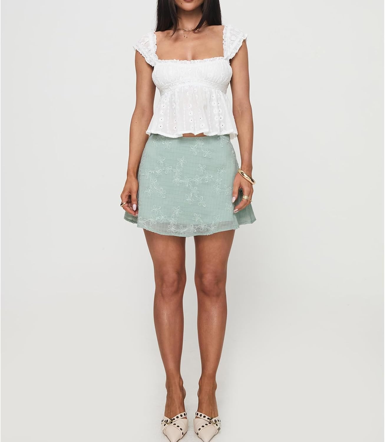 Women Y2K Solid Ruffle Trim T Shirt Causal Square Neck Cap Sleeve Eyelet Crop Top Sexy Ruched Front Babydoll Blouse - Image 7