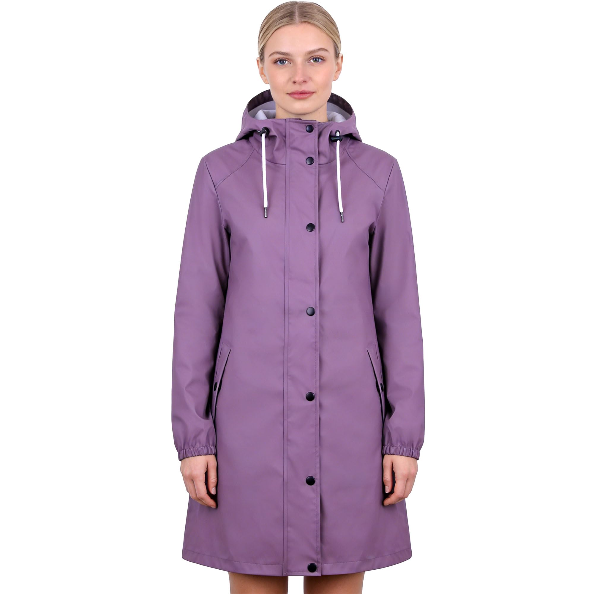 rhythm of the rain Regenmantel Damen Wasserdicht, Halblanger Übergangsjacke Friesennerz, Wasserdichte PU Regenjacke mit Kapuze, Leicht für Outdoor