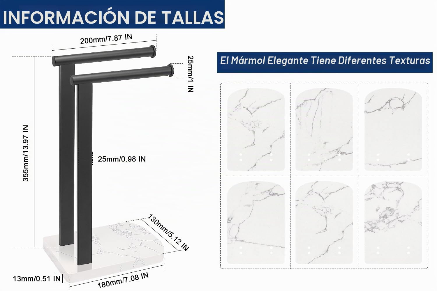 NearMoon Toallero de Mano con Base de mármol equilibrada, Soporte de Acero Inoxidable SUS304 en Forma de L, toallero de pie con aro para baño, Cocina o encimera (Barra Doble, Negro Mate)
