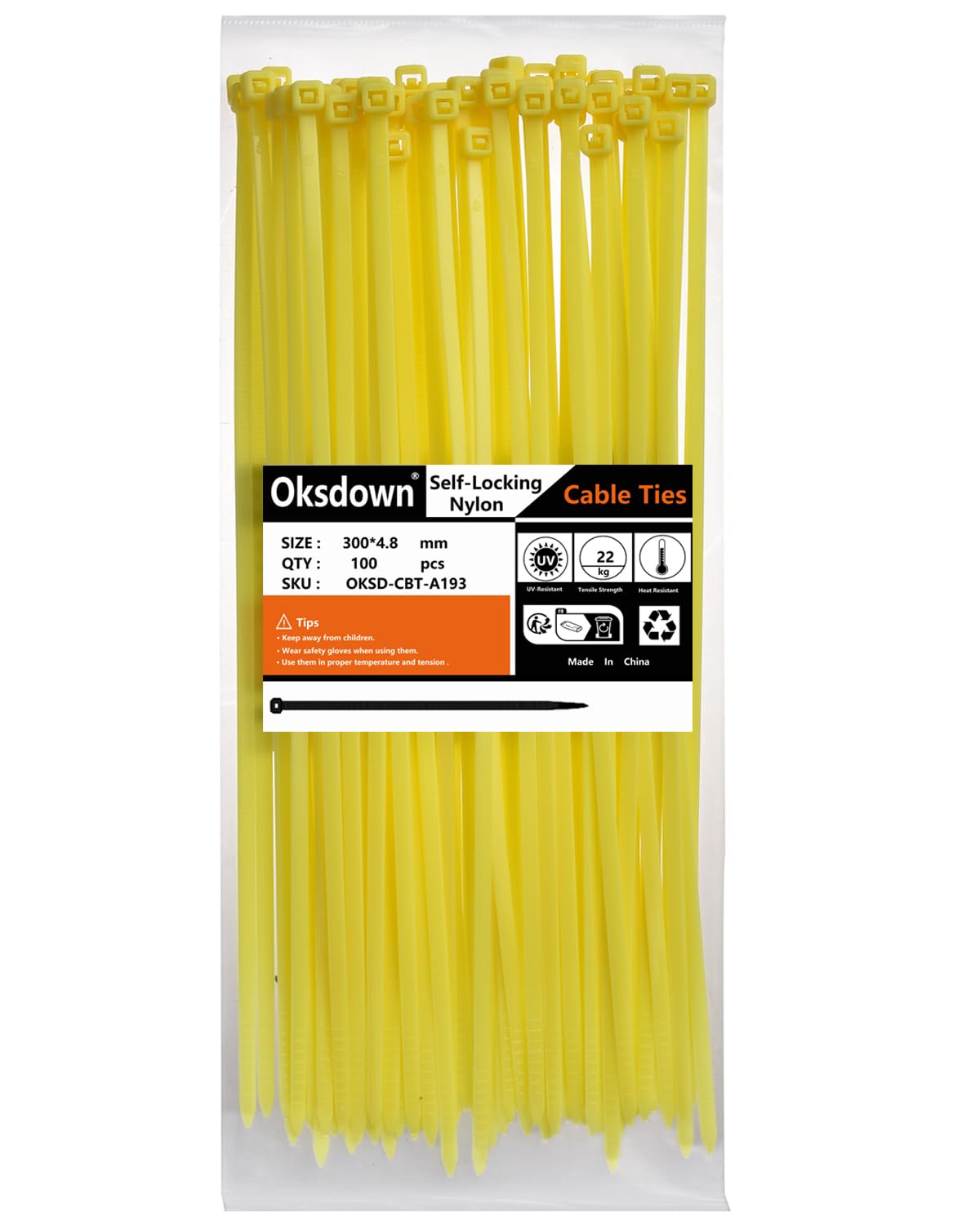 Oksdown 100 Pack Yellow Plastic Cable Ties 300mm×4.8mm Heavy Duty Strong Nylon Premium Self Locking 12 inch/30 cm Long Zip Tie Wraps