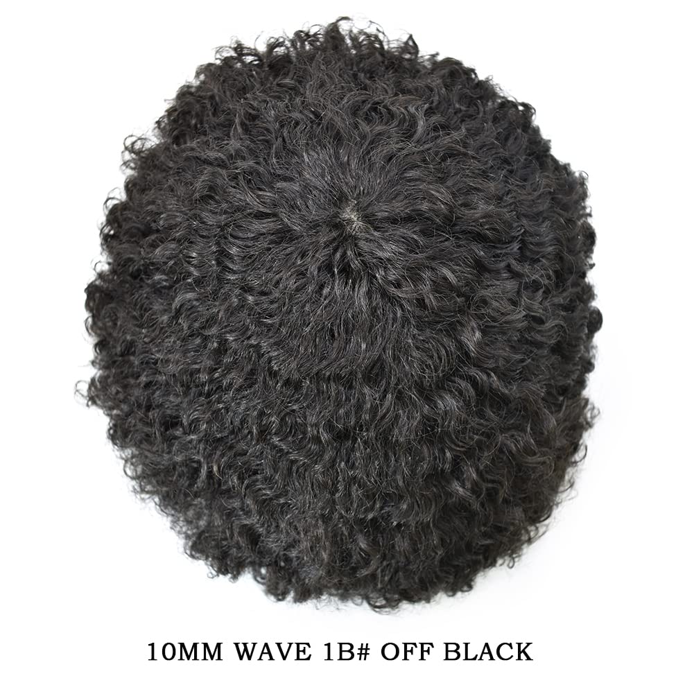 Afro Curl Toupee for Black Men All Poly Mens Toupee Human Hair Replacement Systems Kinky Curly Hair Units for Black Man African American Mens Wig 10mm afro wave 1B# OFF BLACK
