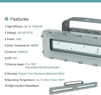 4FT LED Explosion Proof Light UL844 Certified 40W 5600LM(160W HPS Eqv.), Class I Division I Hazardous Locations Luminaires Warehouse Lighting 100-277V, IP66 I4 Series
