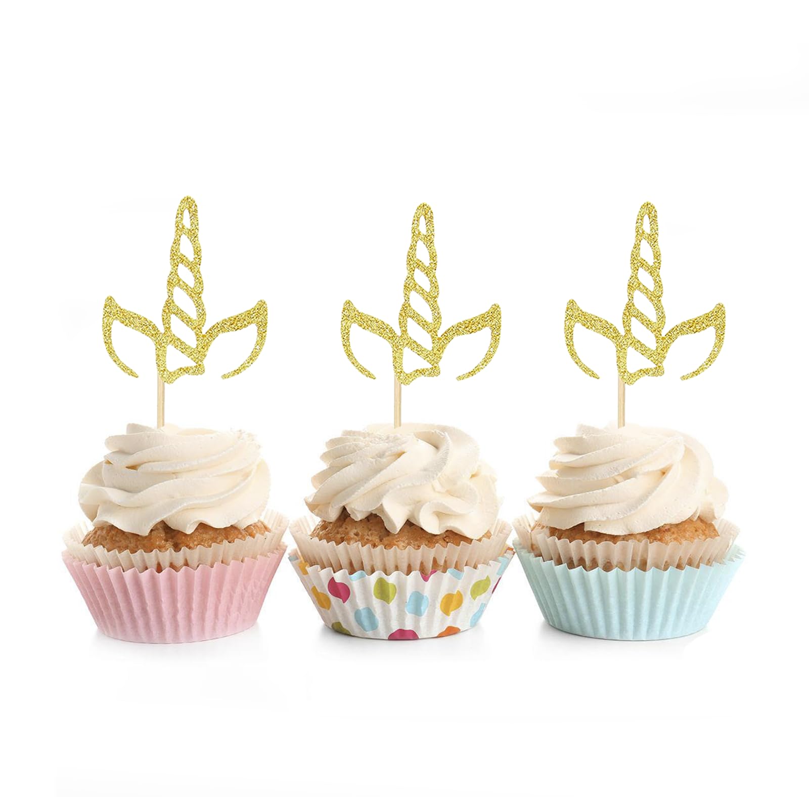 24PCS Unicorn Horn Cupcake Toppers Glitter Gold Decoration for Unicorn Theme Party Baby Shower Kids Birthday Party Cake Supplies