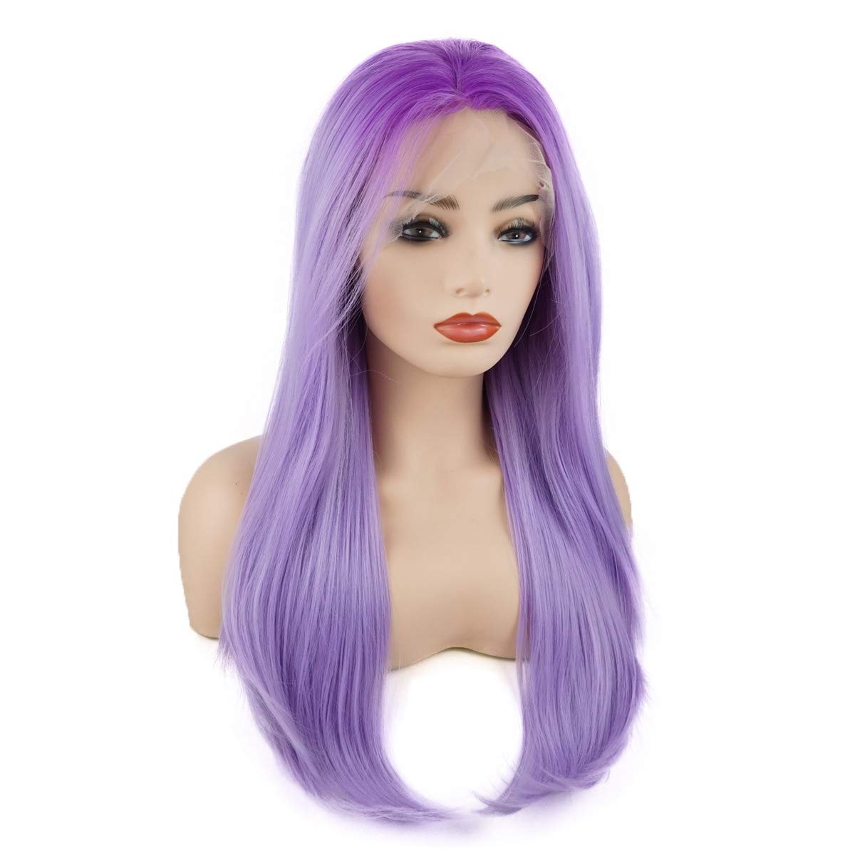 Hair Straight Long 24inch Purple Root Light Purple Ombre Half Hand Tied Heavy Density Realistic Heat Resistant Synthetic Lace Front Wig