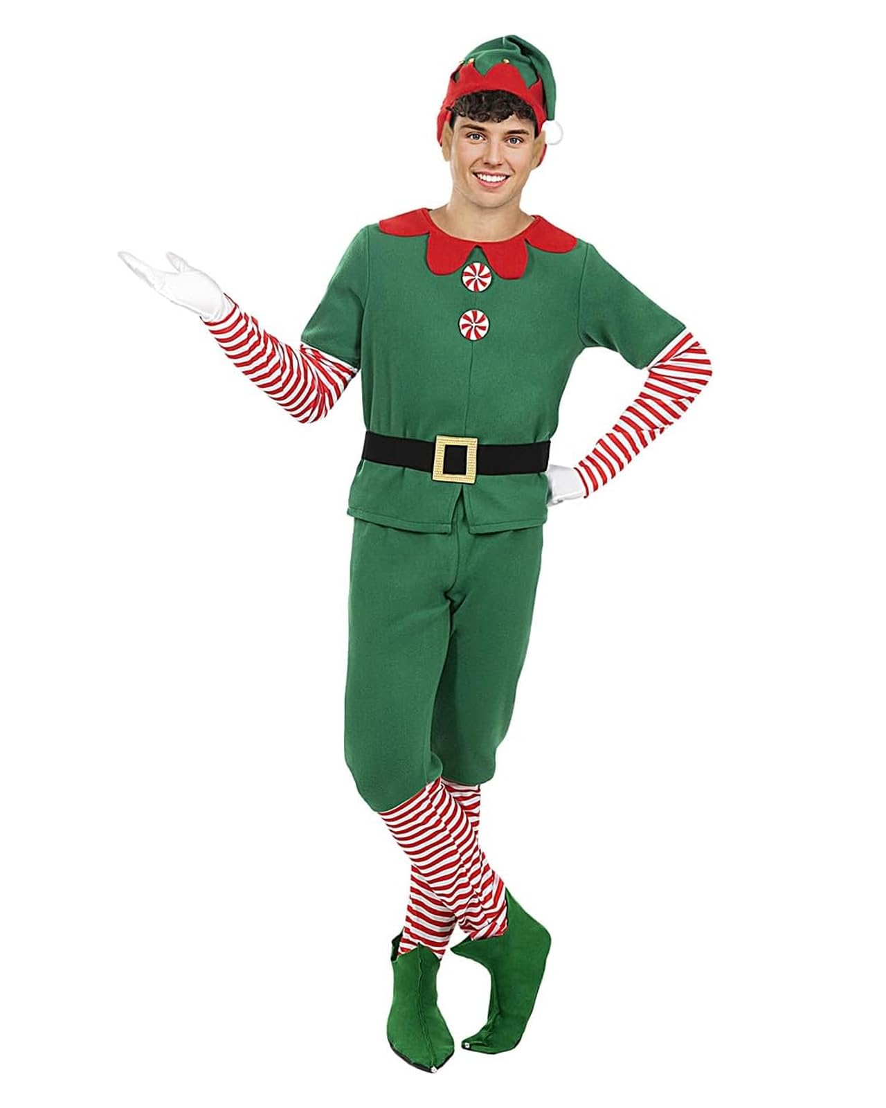 Funidelia Disfraz de elfo con accesorios para hombre, Navidad, Incluye camiseta, pantalón, cinturón, gorro, zapatos, orejas y guantes - Traje para adultos para fiestas, Carnaval y Halloween, Talla M
