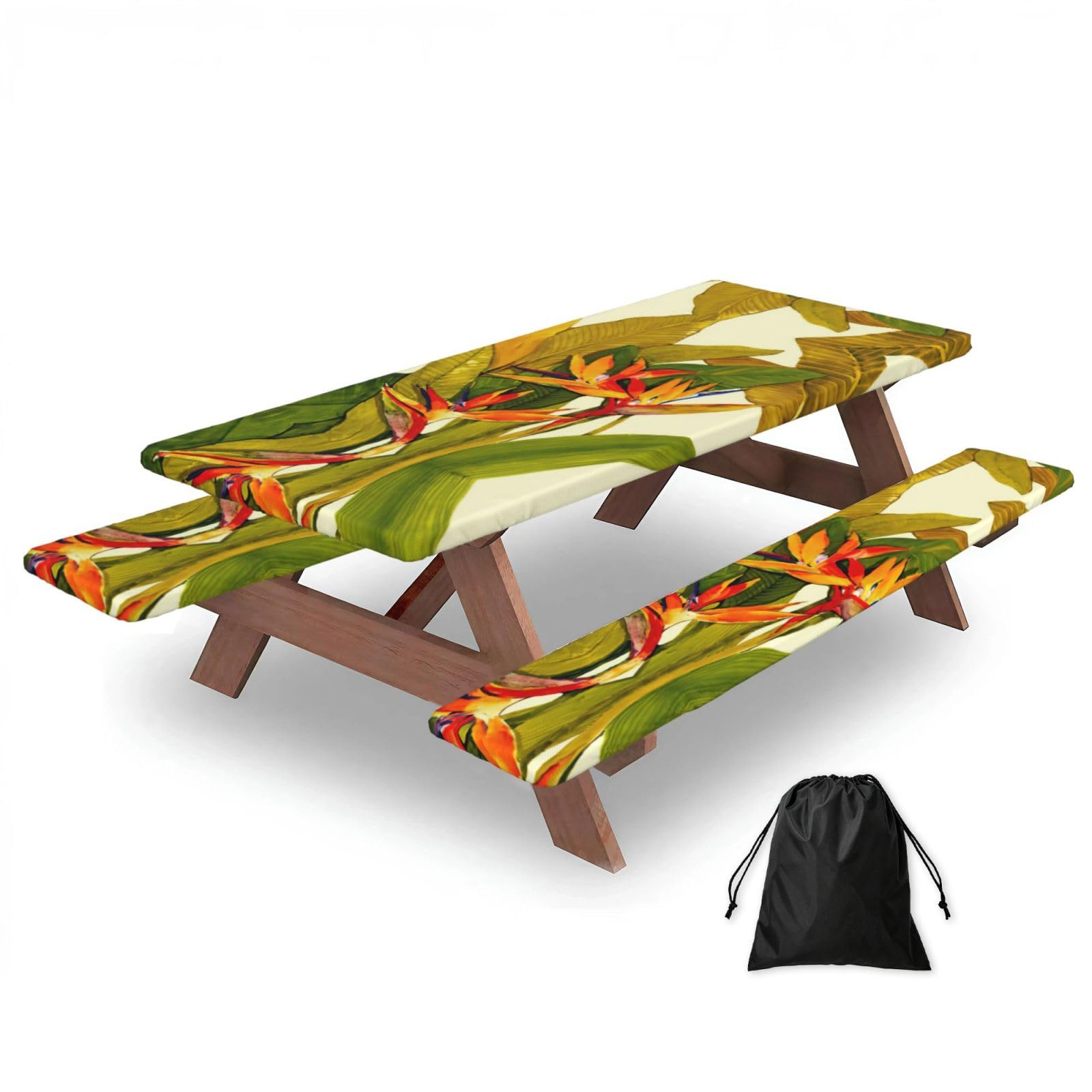 Zyjhyy Black Tropical Bird Of Paradise Print 3 Pack Wipeable Picnic Bench Cover And Table Cover Lightweight Table Cloth For Camping Outdoor