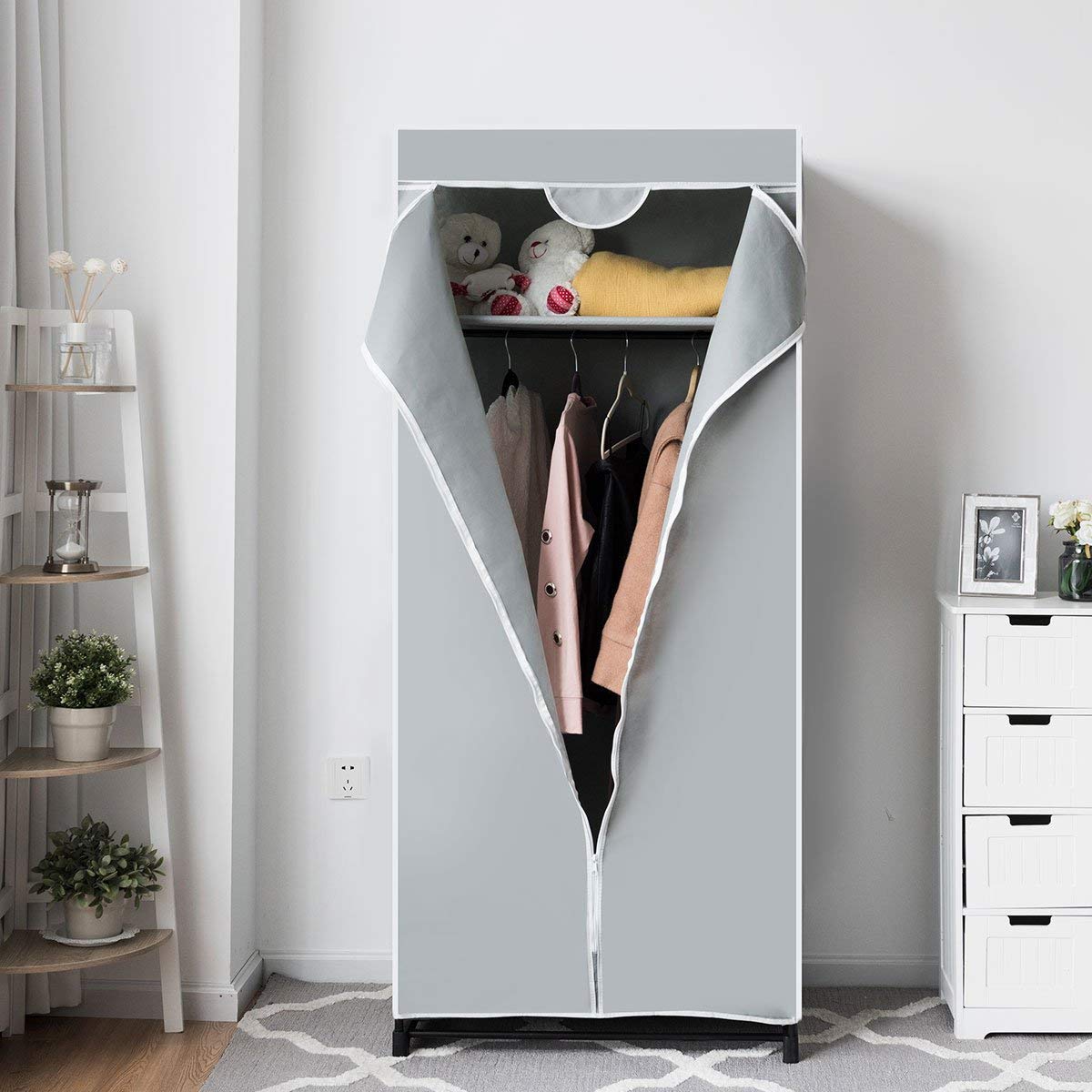 COSTWAY Penderie Tissu Garde Robe Zippée avec Étagères 74x50x172cm,Penderie Fermée Armoire de Rangement avec Cadre en Métal(Gris)