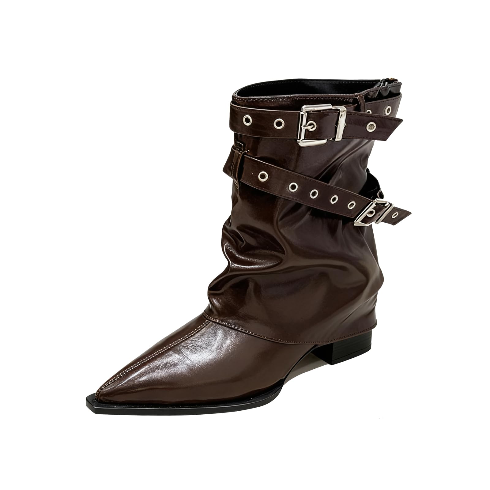 Womens Leather Slouchy Mid Calf Boots Fashion Studded Buckle Strap Pointed Toe Comfortable Stacked Block Heel Motorcycle Boots