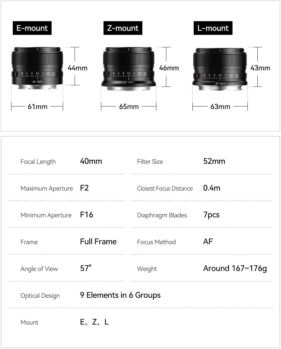 TTARTISAN AF 40mm F2 Full Frame Autofocus Camera Lens Compatible with L-Mount Mirrorless Cameras SL SL2 SL2-S SL3 S1 S1R S1H S5 S5M2 S5M2X FP FPL (Black)