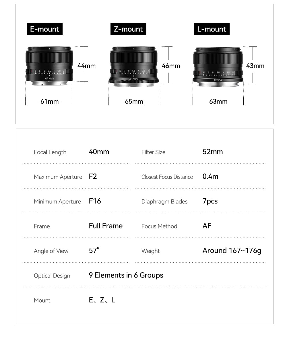 TTARTISAN AF 40mm F2 L Mount Objetivo de formato completo con autofoco, gran apertura, objetivo de cámara compacto y ligero Compatible con cámaras L Mount