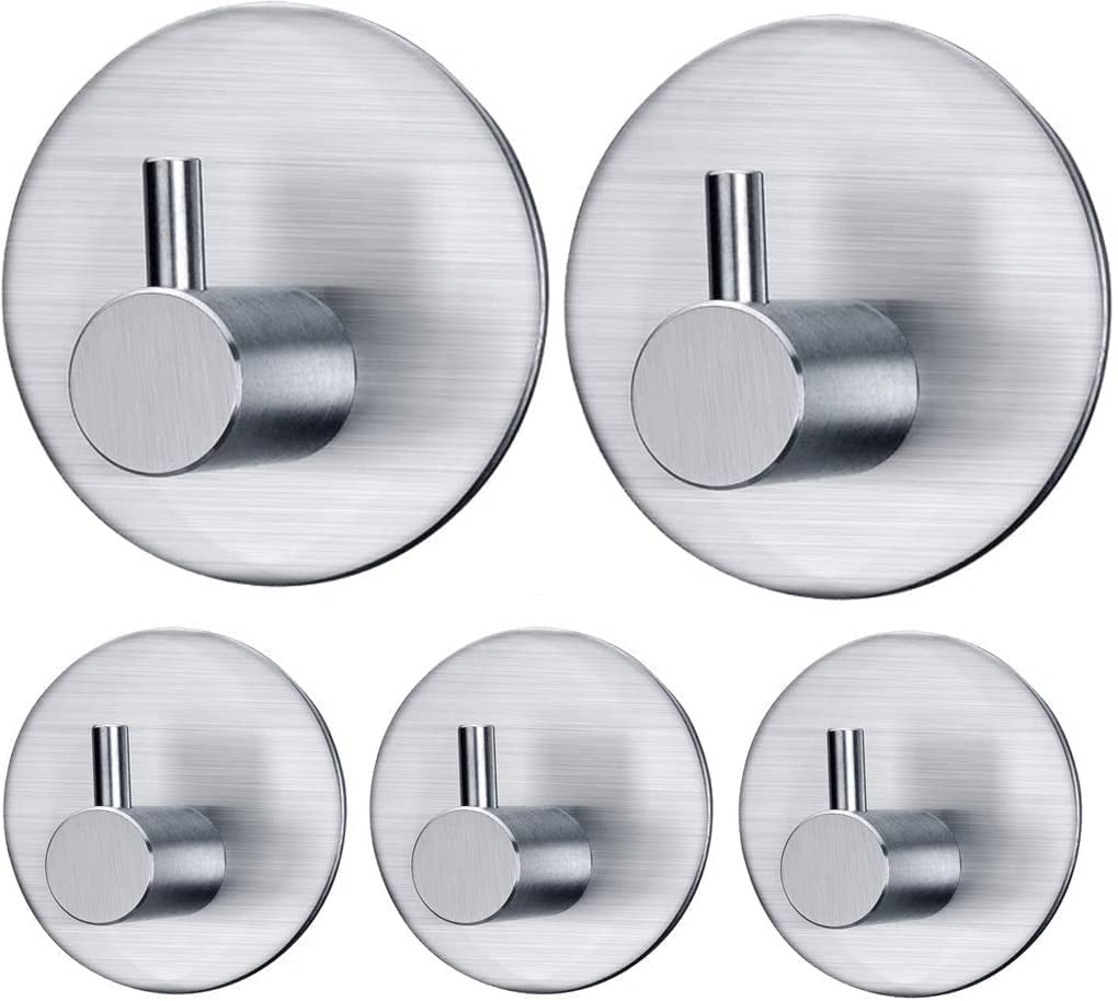 JialtoStainless Steel Heavy Duty Adhesive Round Design Wall Hanging Sticking Hooks for Wall Used for Bathroom Toilet and Multipurpose Work (Pack of 5, Round Silver)