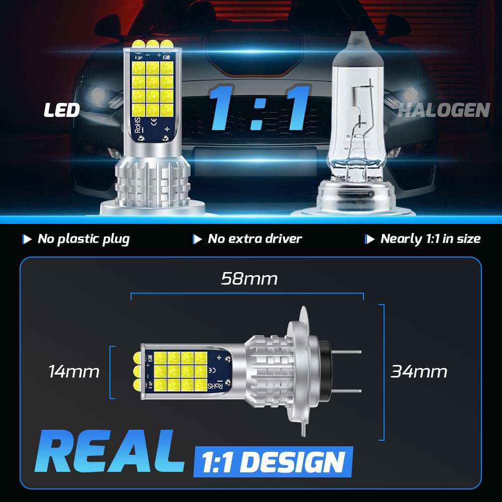 2Pz H7 lampadina del faro antinebbia, Super luminoso 12-24V 6000K Cool White Fendinebbia lampadina 1:1 Mini lampadine dimensioni Nessun adattatore richiesto Plug-and-Play