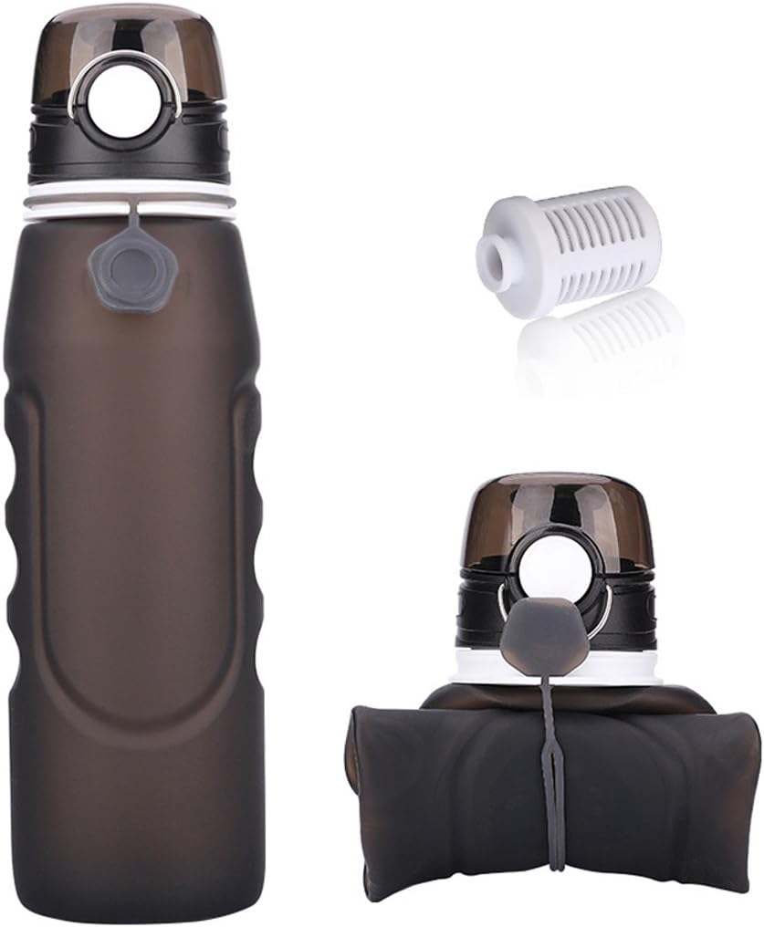 SbuyCoo Silicone Collapsible Water Bottles with Filter - Medical Grade BPA Free Drinking Bottle for Sports Camping Travel Cycling - 26 Oz/750ml (Black)