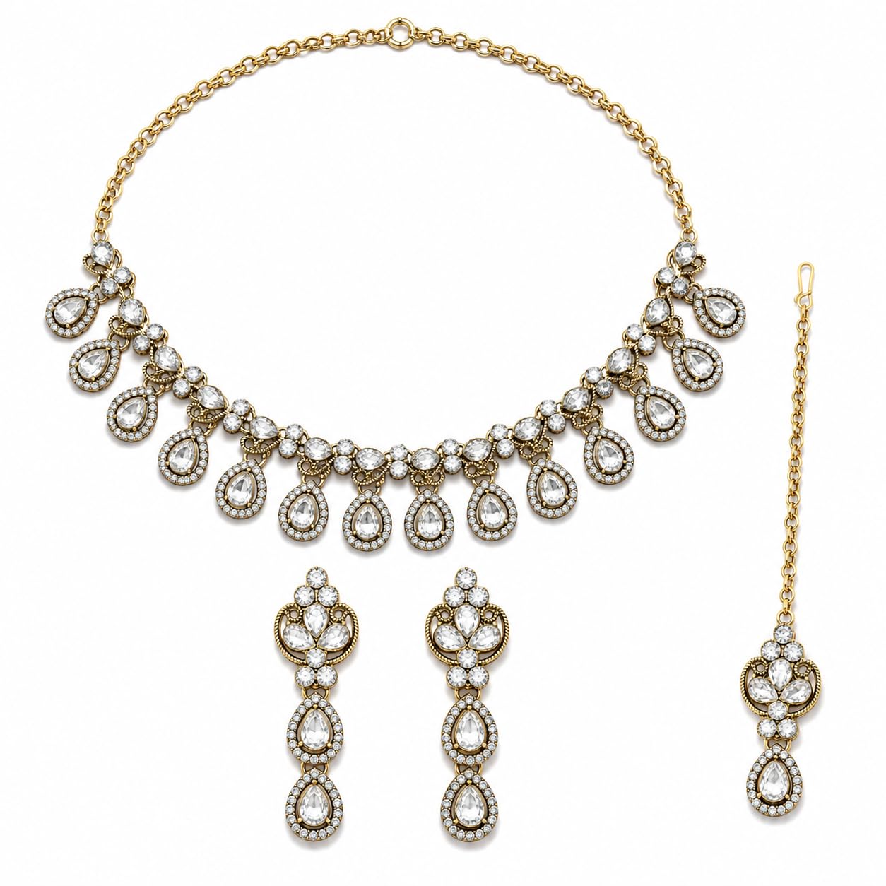 Gold Plated White Stone Necklace Set with Earrings-picture-17