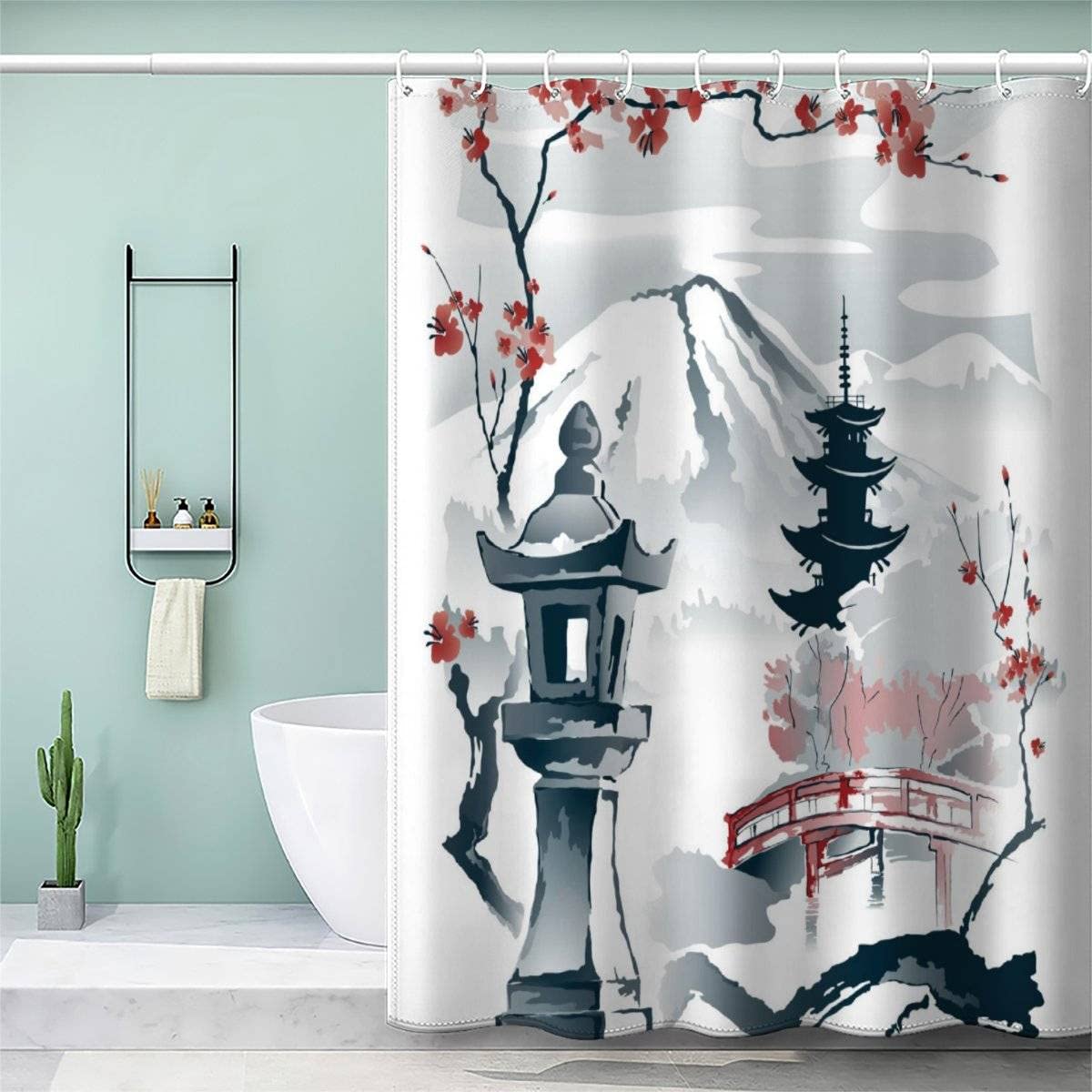AOLIGL Japanese Style Shower Curtain 180x200cm Natural Scenery Art Funny Shower Curtains Quick-Drying Waterproof Shower Curtains Mould Proof Resistant With 12 Hooks and Weighted Hem