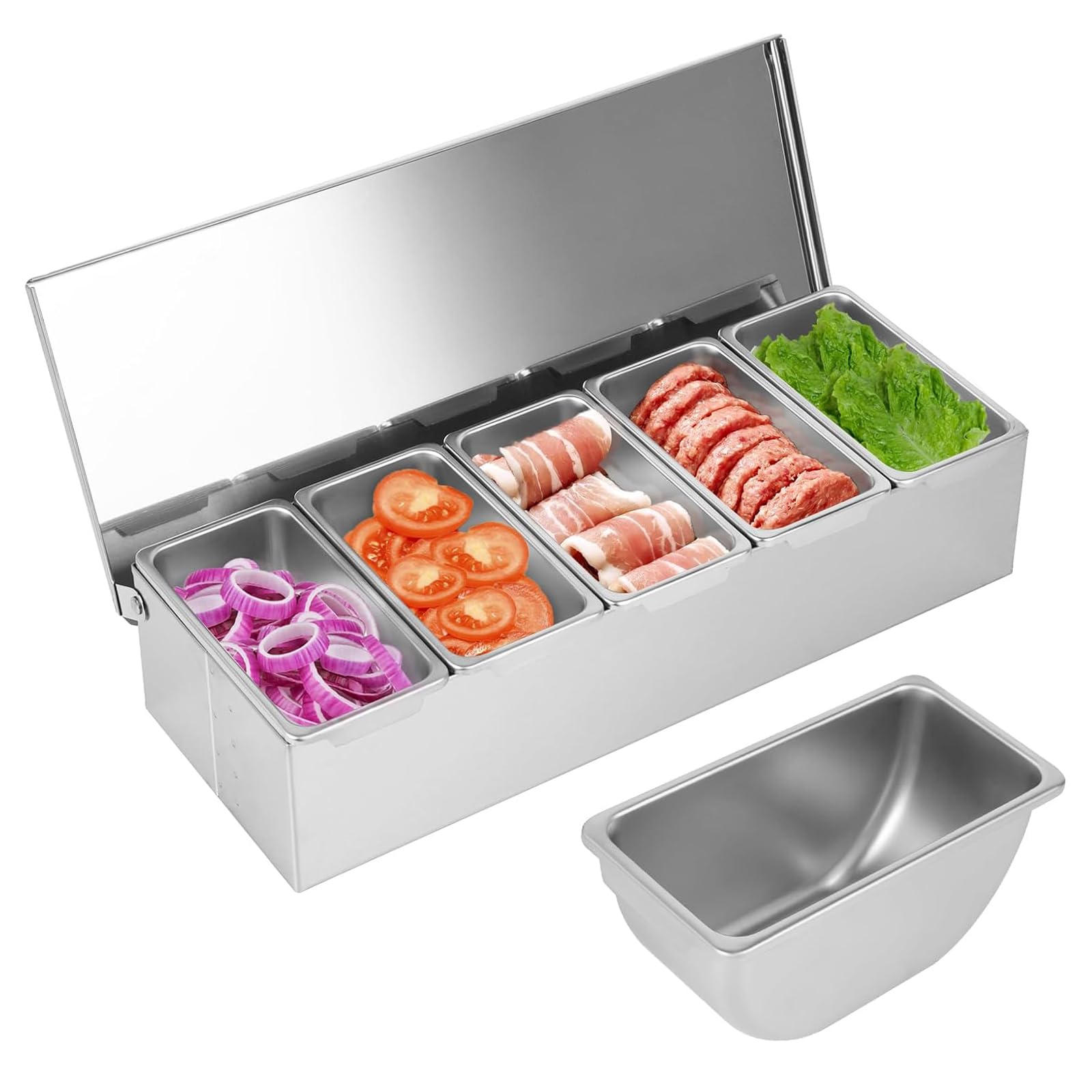Recipiente para ingredientes para pizza de acero inoxidable 304 con 5 compartimentos, recipiente refrigerado para especias con tapa, estación de pizza, caja de frutas, servir tacos, ensalada de frutas