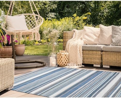 Liora Manne Sonoma Indoor/Outdoor Hand Woven Polyester Handmade Area Rug - Transitional Geometric Casual Accent (Malibu Stripe Seascape) (7'6" x 9'6")