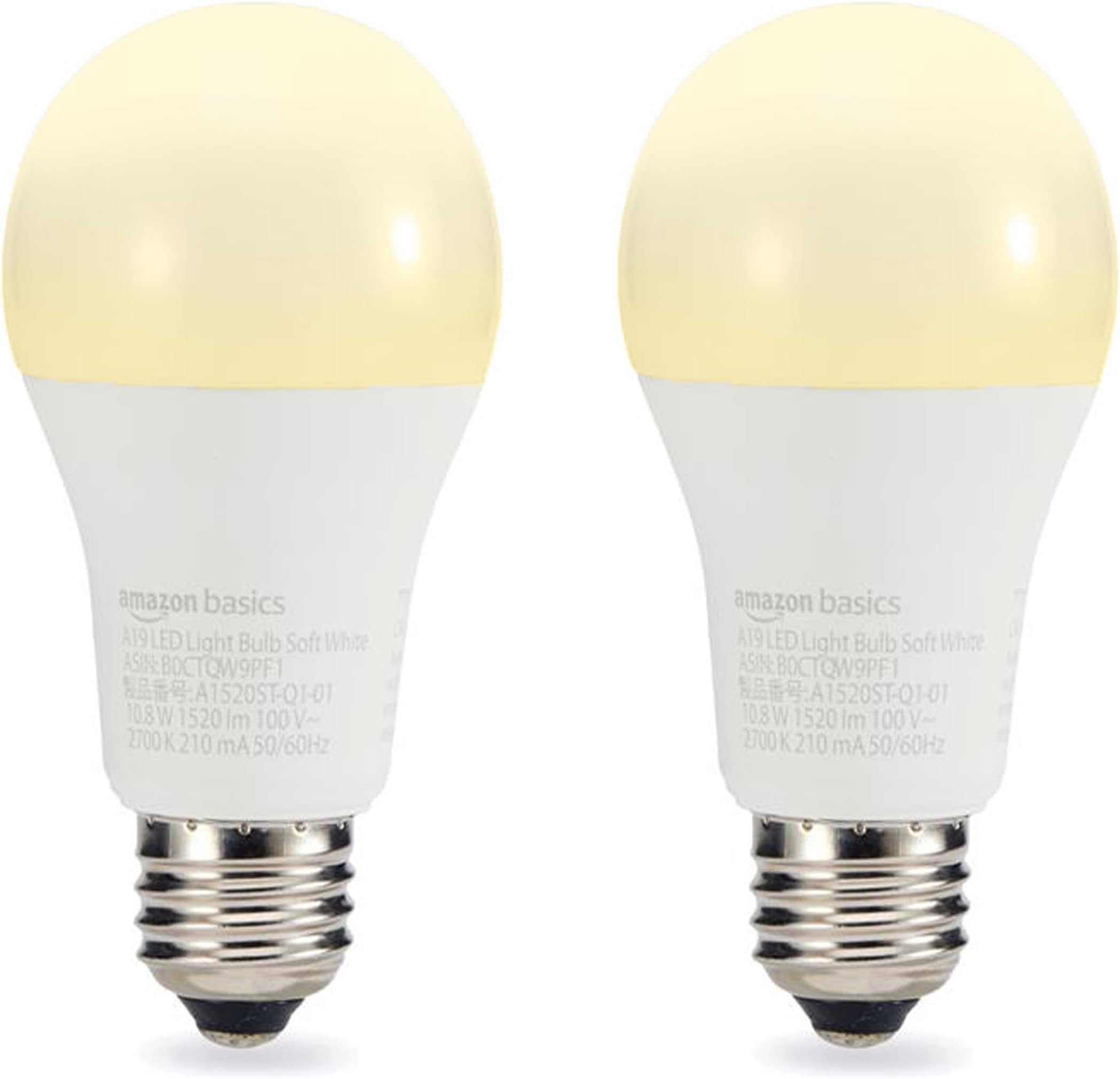 Amazon Basics A19/E26 Base LED Light Bulb, 100W Equivalent, Warm White, Non-Dimmable, 1520lm, 2-Pack