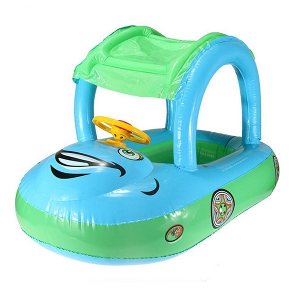 Cartoon Car Swim Float Seat Boat Pool Ring Seat with Sunshade & Canopy for Kids Baby Child Toddler Infant - Blue