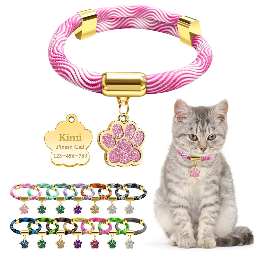 Personalized Breakaway Cat Collars with Magnetic Quick Release Buckle, Custom Engraved Name Tag for Cats (Wavy Pink)