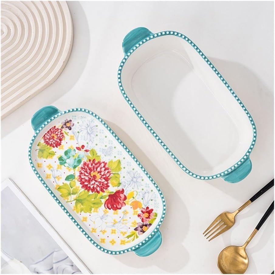 Baking Dishes Colorful Hand-Painted Floral Double-Handled Baking Pan with Lid Rectangular Tableware Cheese Baked Rice