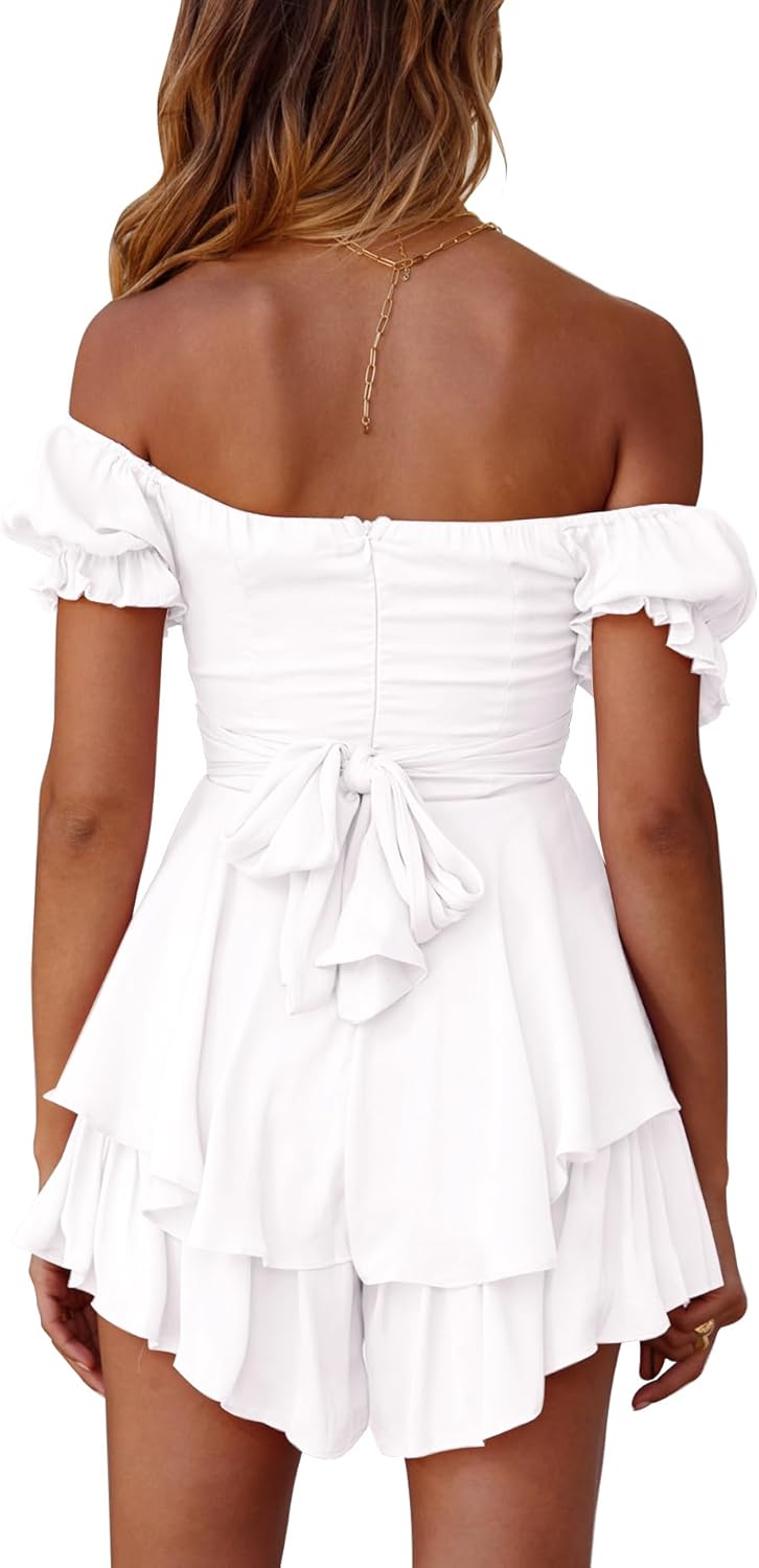 Mannice Off the Shoulder Rompers for Women Dressy Short/Long Sleeve Romper Ruffle Layer Back Tie Mini Short Jumpsuits - Image 3