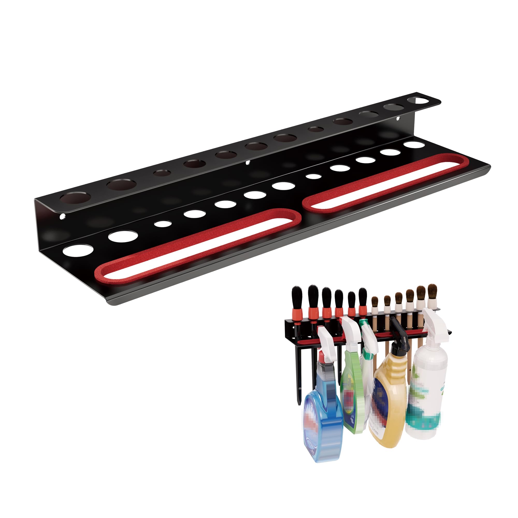 Wall Mount Brush & Spray Bottle Holder Combo Rack for Garage, Detailing Organizer with Mounting Hardware - Holds 12 Brushes + Hanging Rail for Bottles