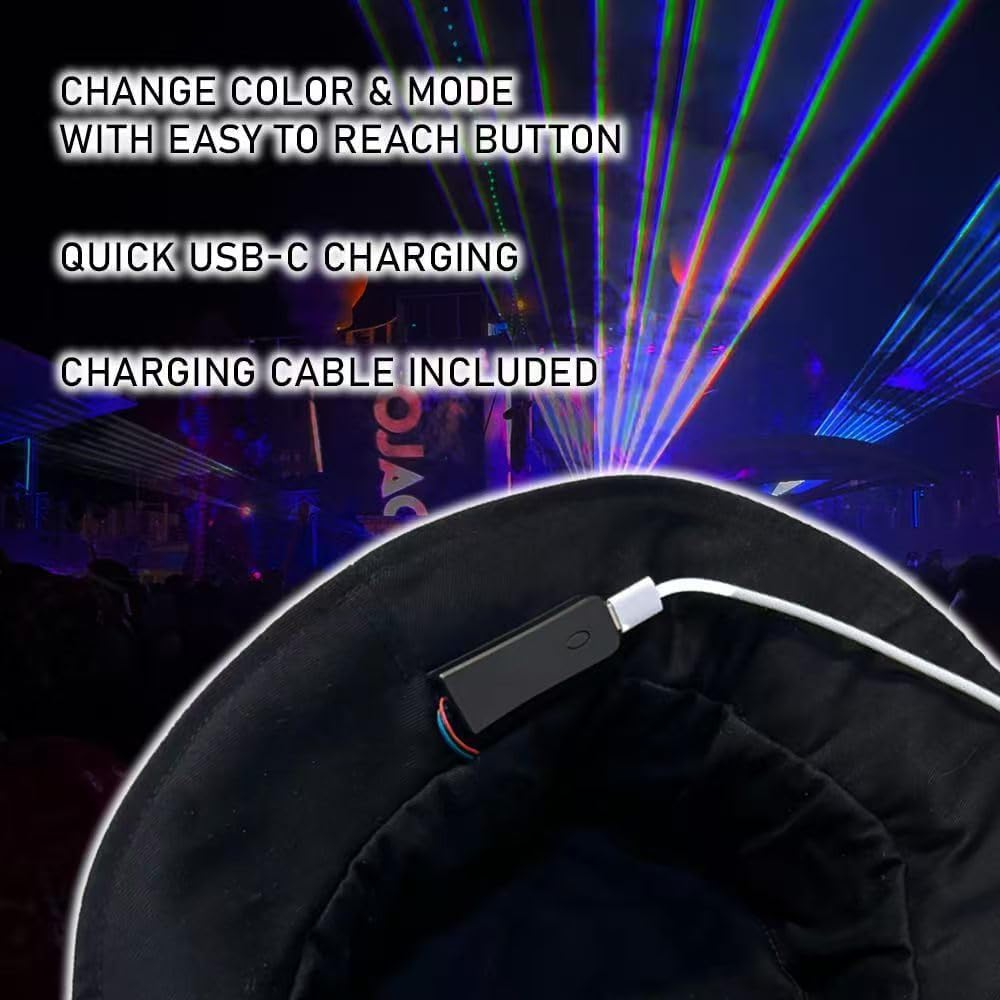 LED Bucket Hat- Light up Rave Fisherman Cap 7 Colors USB Rechargeable, Glow in The Dark Party Hats for Men Women - Image 3