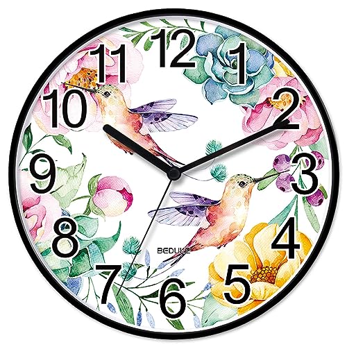 Wall Clock Non-Ticking Silent Battery Operated Quartz Large Number Hummingbird Flower Decorative Clocks Office Classroom Living Room Kitchen Bedroom Gym Patio Bathroom Decor 11 Inch Wallclock