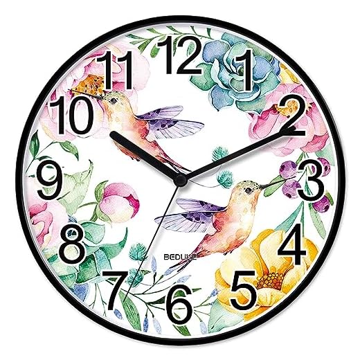 Wall Clock Non-Ticking Silent Battery Operated Quartz Large Number Hummingbird Flower Decorative Clocks Office Classroom Living Room Kitchen Bedroom Gym Patio Bathroom Decor 11 Inch Wallclock