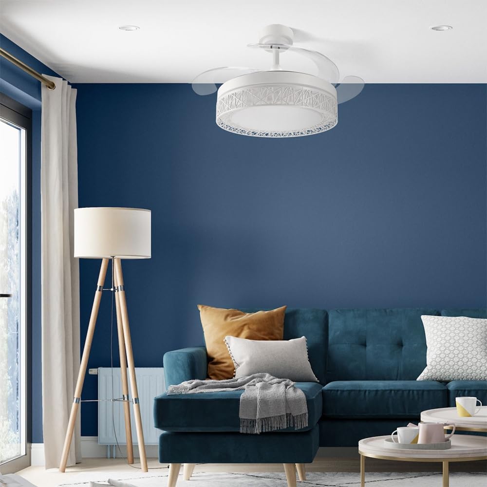 M mimotec - Ventilatore a Soffitto Led Bianco Aqua 66W con luce, telecomando, basso consumo energetico, motore DC 30W+Luce LED 36W, 6 velocità, silenzioso, 4 Pale sganciabili, estate-inverno, timer