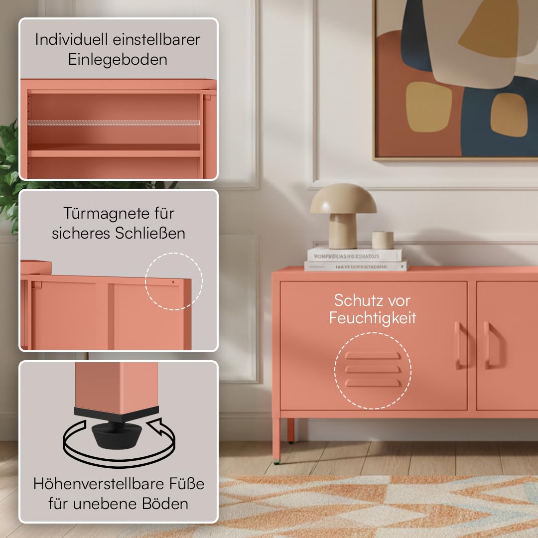 skølm Atria Lowboard aus Metall – TV Schrank in Terrakotta – Fernsehtisch mit 4 verstellbaren Fächern – TV Board 105x38x55 cm (BxTxH) – Sideboard / Fernsehschrank / Wohnzimmerschrank / Metallschrank