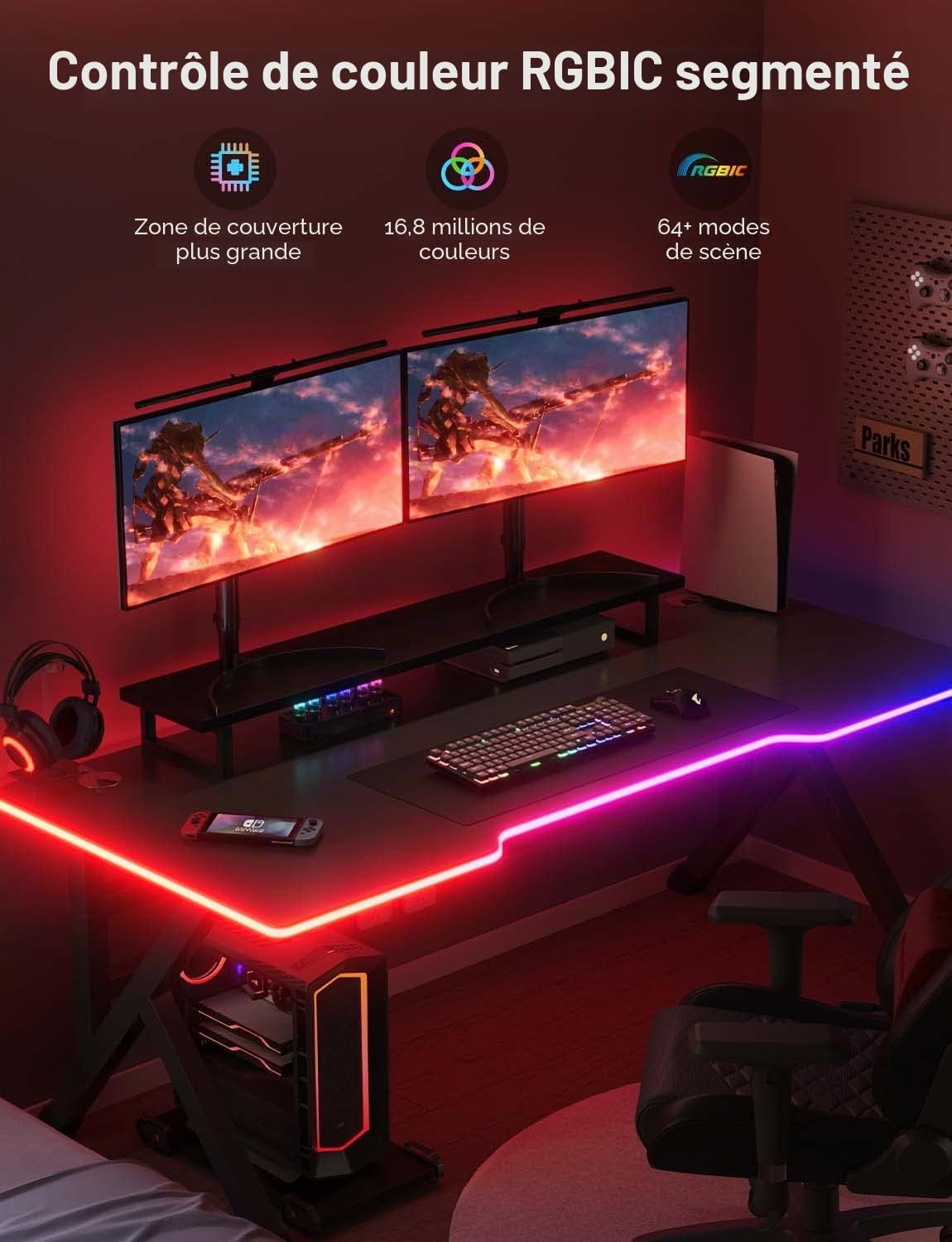 Govee RGBIC Ruban LED néon pour bureau de jeu, bande LED de 5 m, découpable, panneau néon compatible avec Razer Chroma, 11 musiques, 64 scènes et plus, contrôle par application RVB