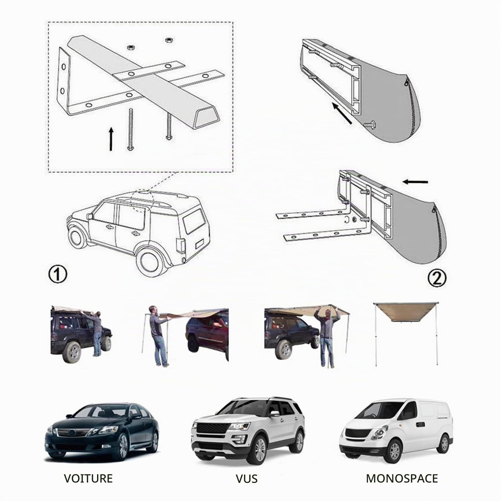 Auvent Voiture Extérieur, SUV Tente, Camion Latéral, Fourgon, Extractible Tente de Toit Étanche pour Camping Voyages en Plein Air Roadtrips Cour (160x250cm/5.2x8.2ft)