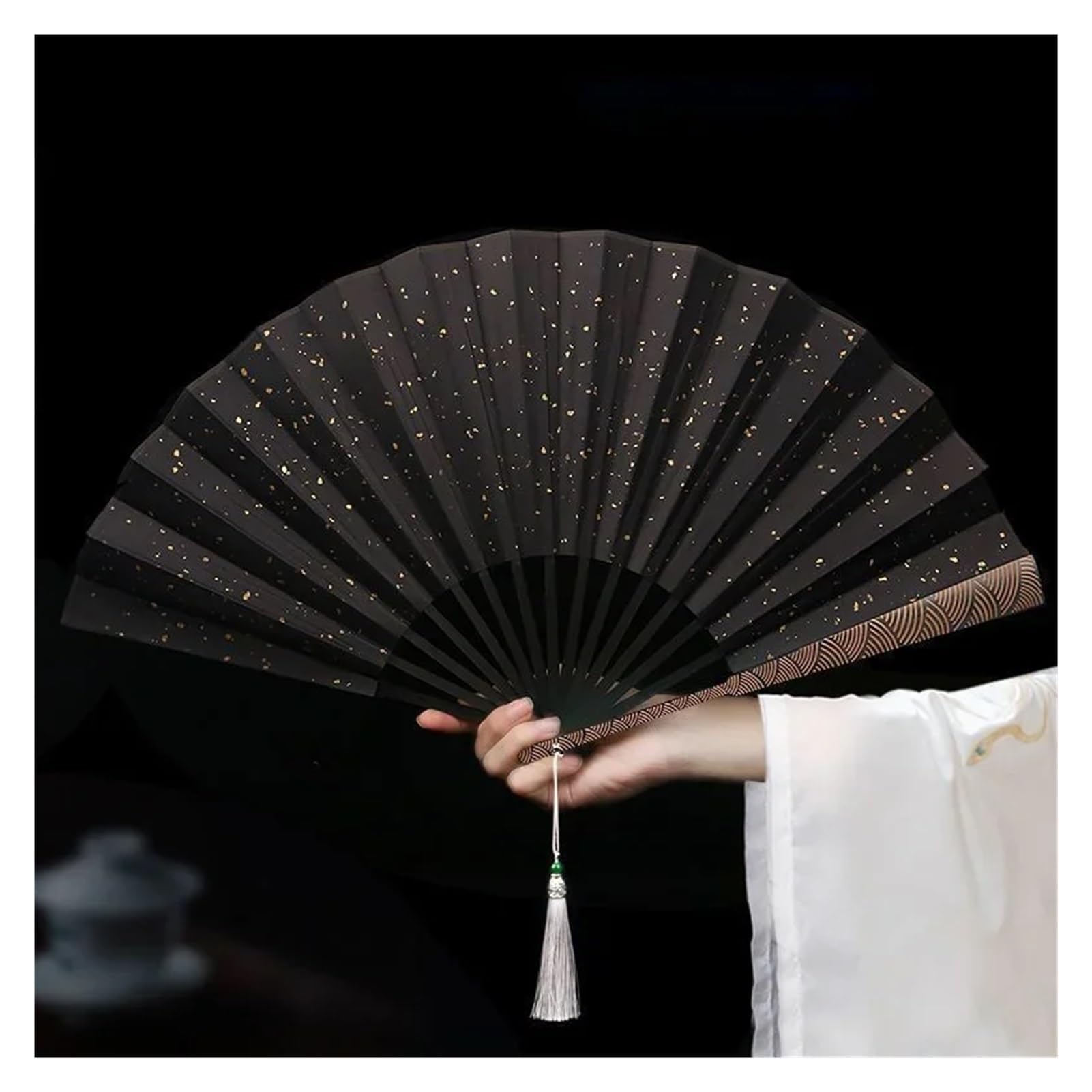 DYMKIE Cloud Pattern Fine Carved Rice Paper Folding Fan Black Sprinkled Gold Silk Cloth Antique Sea Wave Pattern Fan(Black)