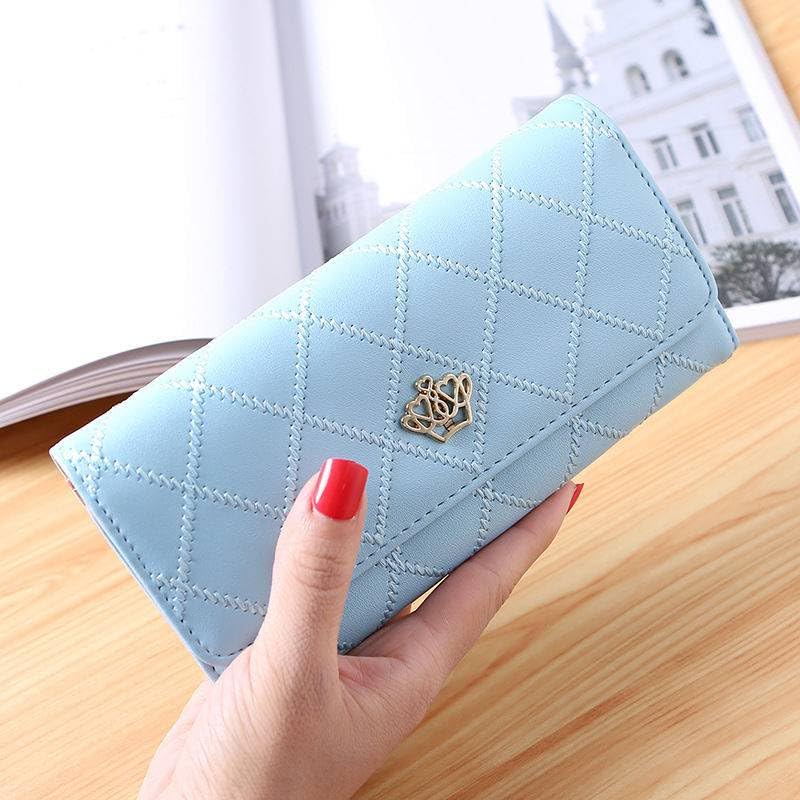 Women's Long Tri-fold Wallet Leather Card Holder Purse Zipper Buckle Elegant Clutch Wallet Handbag for Women Blue