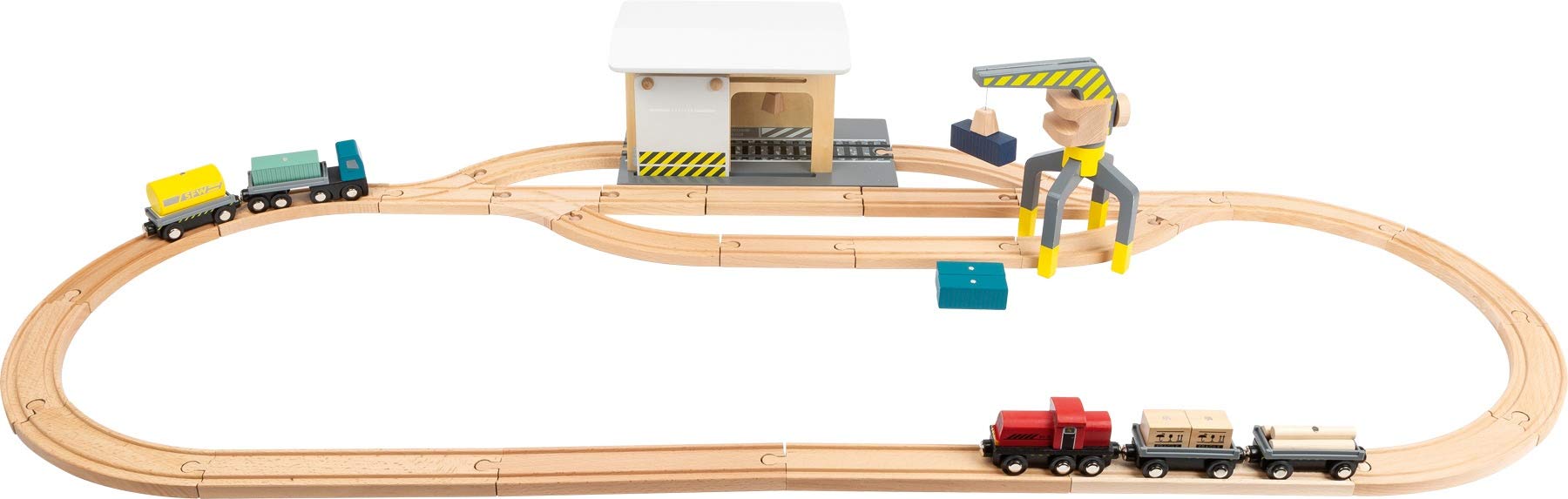 Small Foot 11377 Güterbahnhof aus Holz, mit LKW, Lok, Schiebetor, 360 Grad drehbarem Kran und Schienen, ab 3 Jahren
