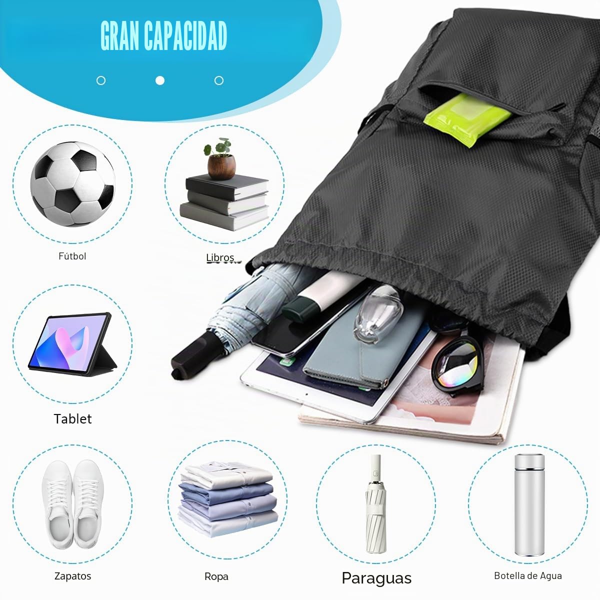 Mochila Deportiva con Cordón, Unisex, Gran Capacidad, Impermeable | Con Compartimentos, Ajustable, Para Deporte, Escolar, Gimnasio, Casual, Viaje, Playa