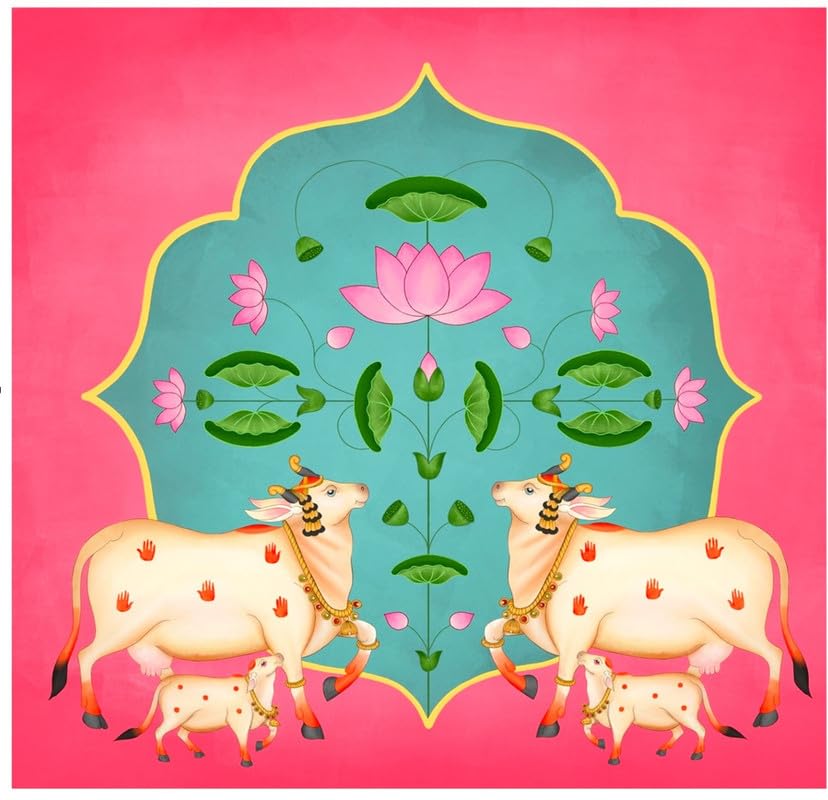 Image of Traditional Backdrop Cloth for gomatha Pooja Backdrops for Decoration Pink Colur 8x8 feet (Knit Fabric) | sankranti Background | Decoration Backdrop