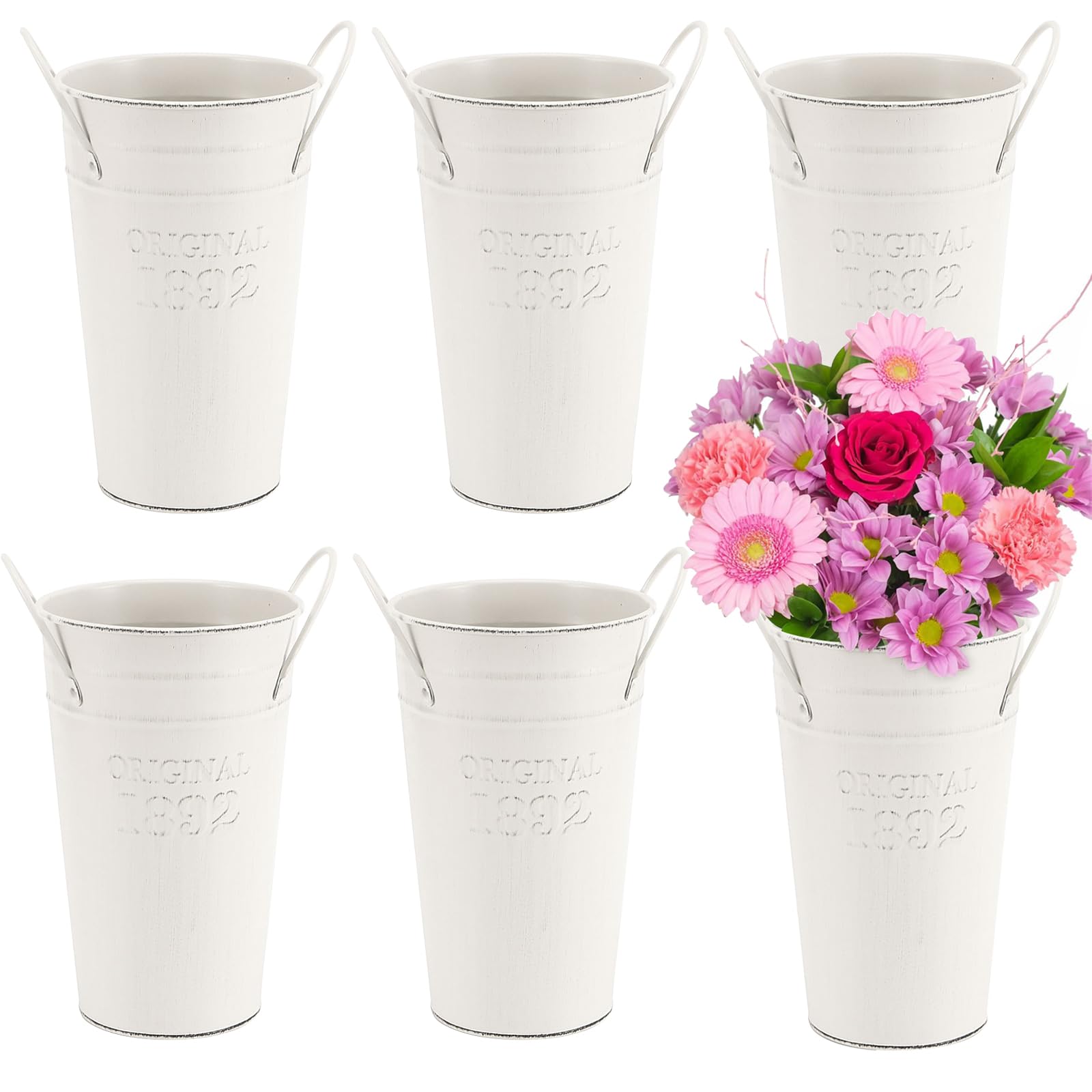 MOUYAT 6 Pack 8 Inch Vintage Metal Galvanized Flower Vase, Tall Galvanized Metal Planter Bucket with Handles, Farmhouse French Bucket for Centerpiece Wedding Decor, Floral Arrangements, White Cream