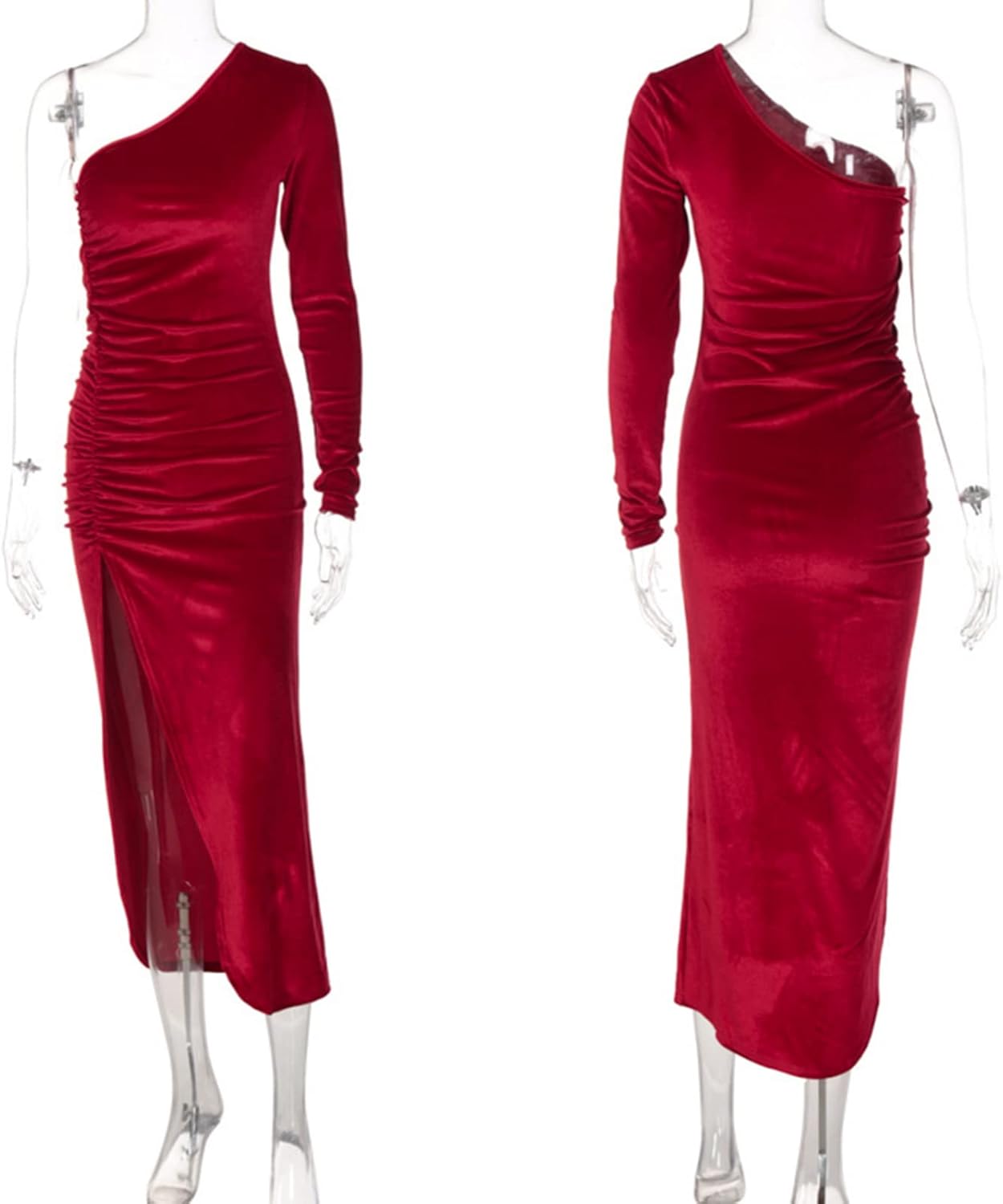 Women's Sexy One Shoulder Long Sleeve Midi Dress Elegant Velvet Bodycon Ruched Slit Cocktail Evening Dress - Image 6