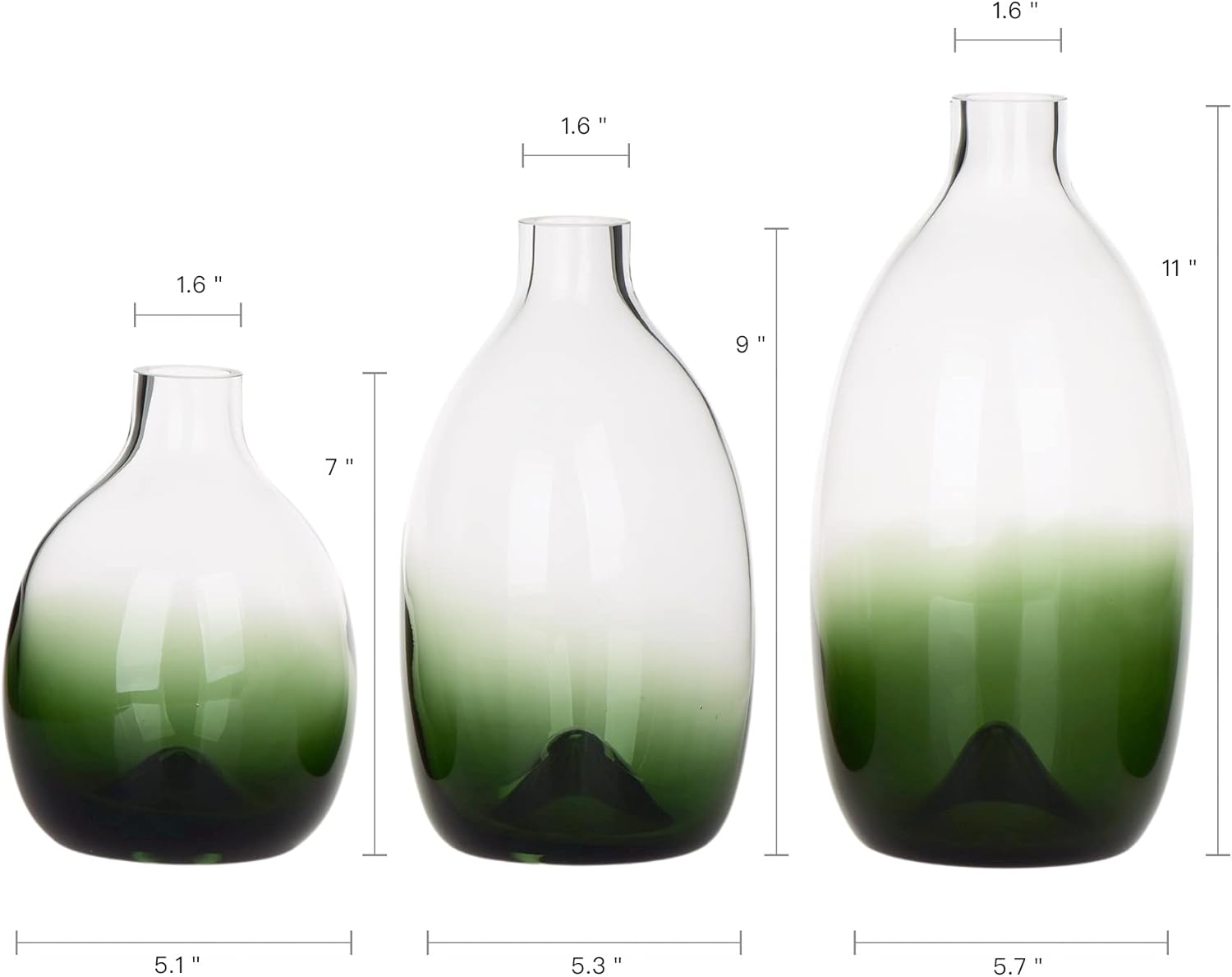 CONVIVA Modern Green Vase Set, Glass Flower vases,Large Decorative Centerpieces Kitchen Island Dining Table Living Sunroom Office Tabletop 3 Sizes 11" 9" 7" Height