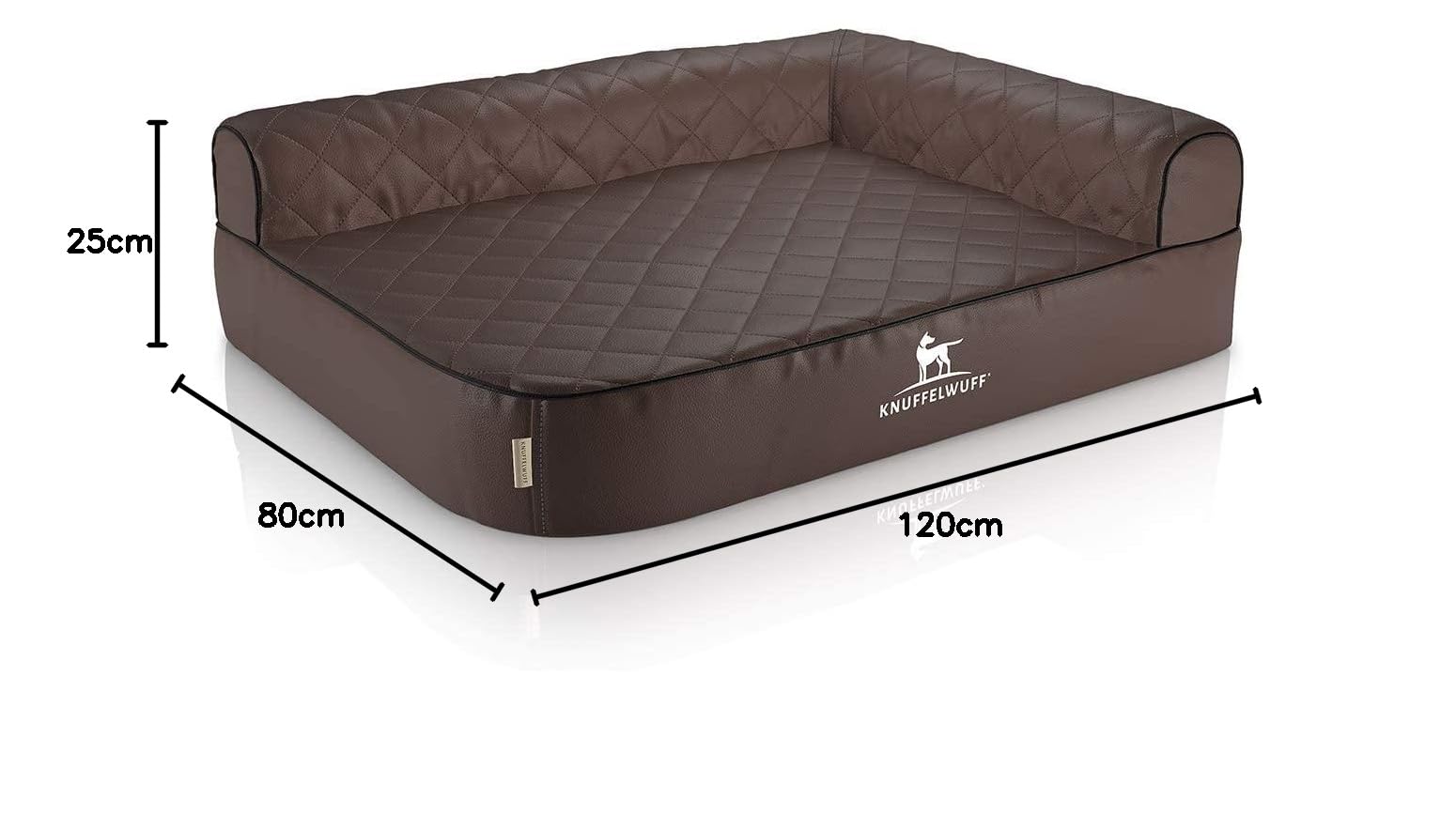 Knuffelwuff Winslow Panier d'angle Orthopédique en Similicuir Surpiquage au Laser Accoudoir à Droite Marron XXL 120 x 80 cm