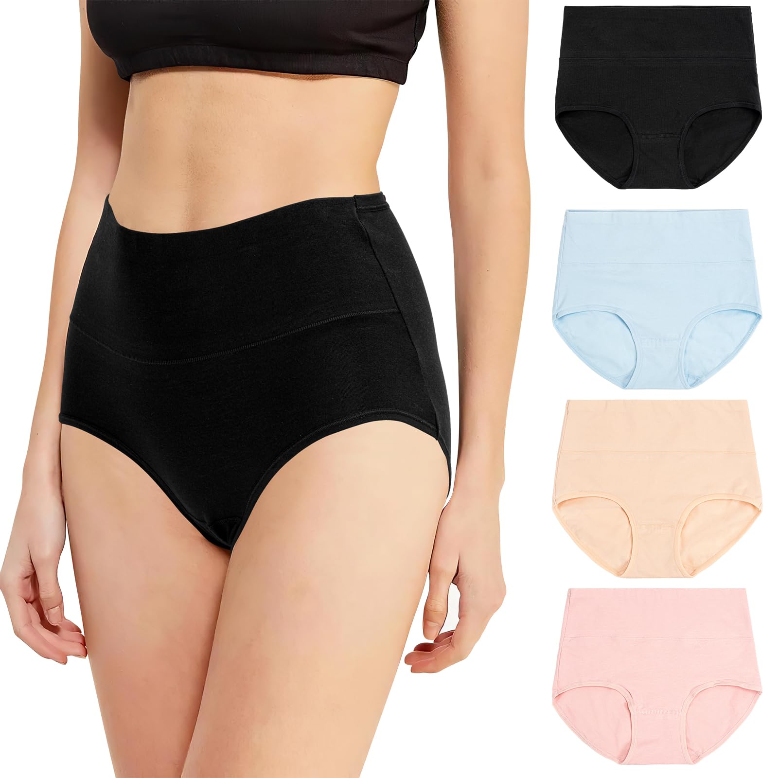 – High Waisted Knickers for Women, 4 Pcs Ladies Full Briefs, Tummy Control Underwear Multipack, Cotton Panties for Women